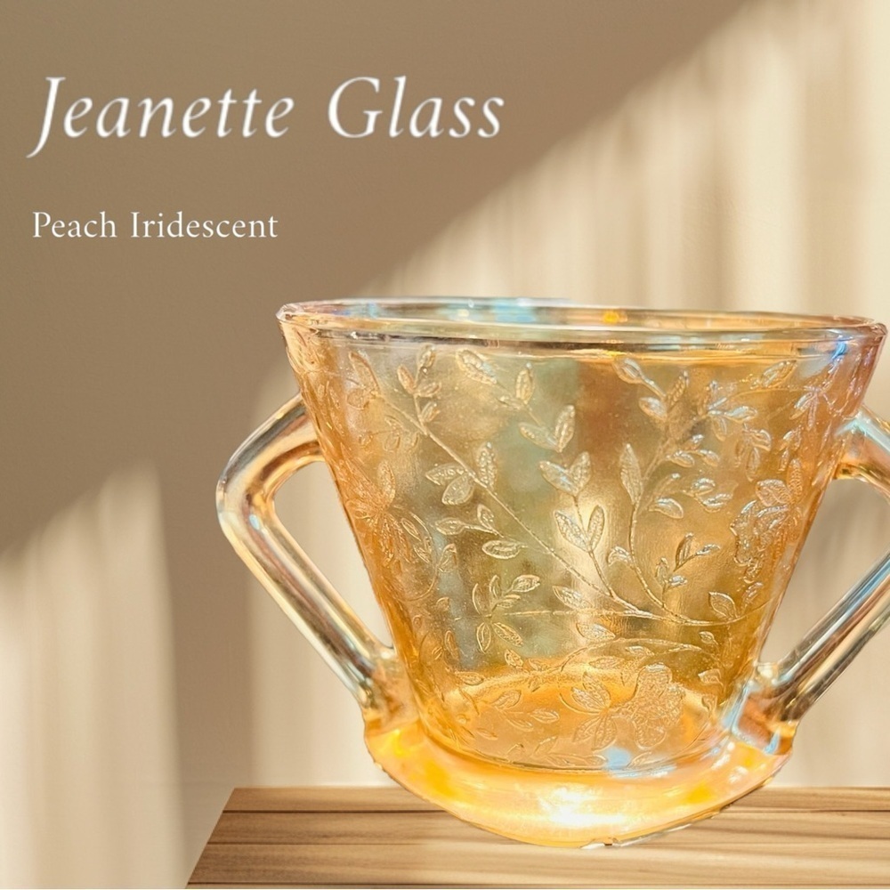 Vintage Iridescent Jeanette Glass Sugar Bowl Peach Luster Floral Design